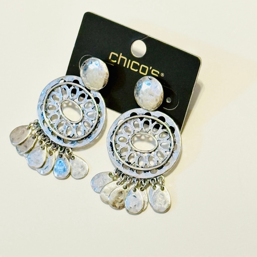 Chico's Silver Filigree Fringe Statement Earrings NWT - Picture 5 of 8